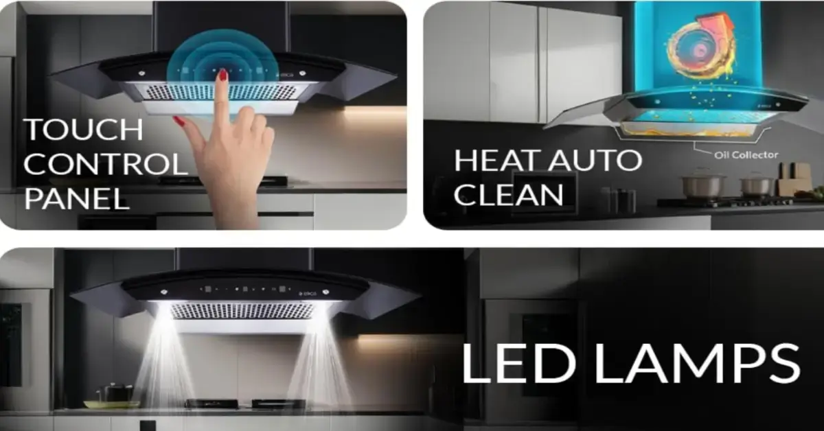 Kitchen chimney extracting smoke and fumes above a gas stove