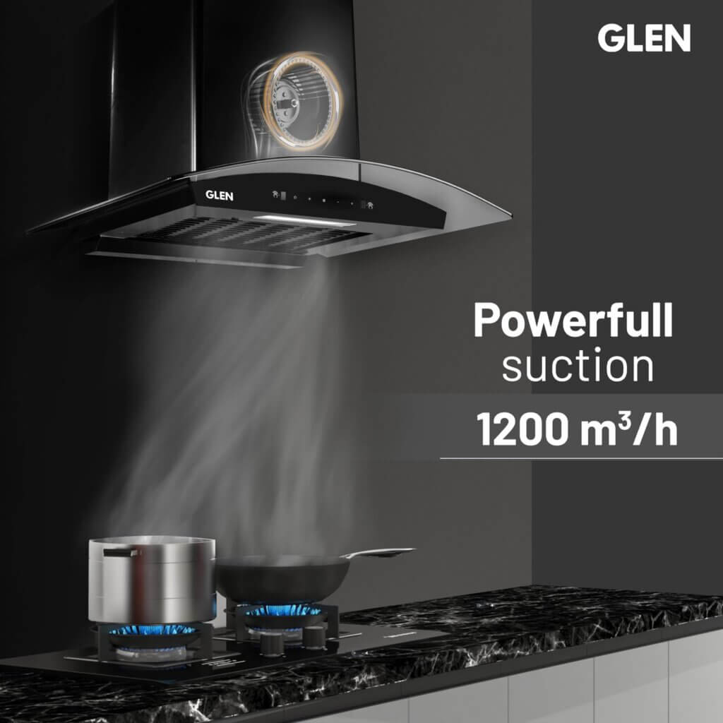 Wall-mounted Glen kitchen chimney in a modern kitchen