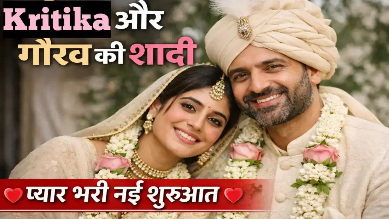 "Kritika Kamra and Gaurav Kapur smiling happily on their wedding day, wearing traditional wedding attire, adorned with floral garlands, sharing a loving moment.