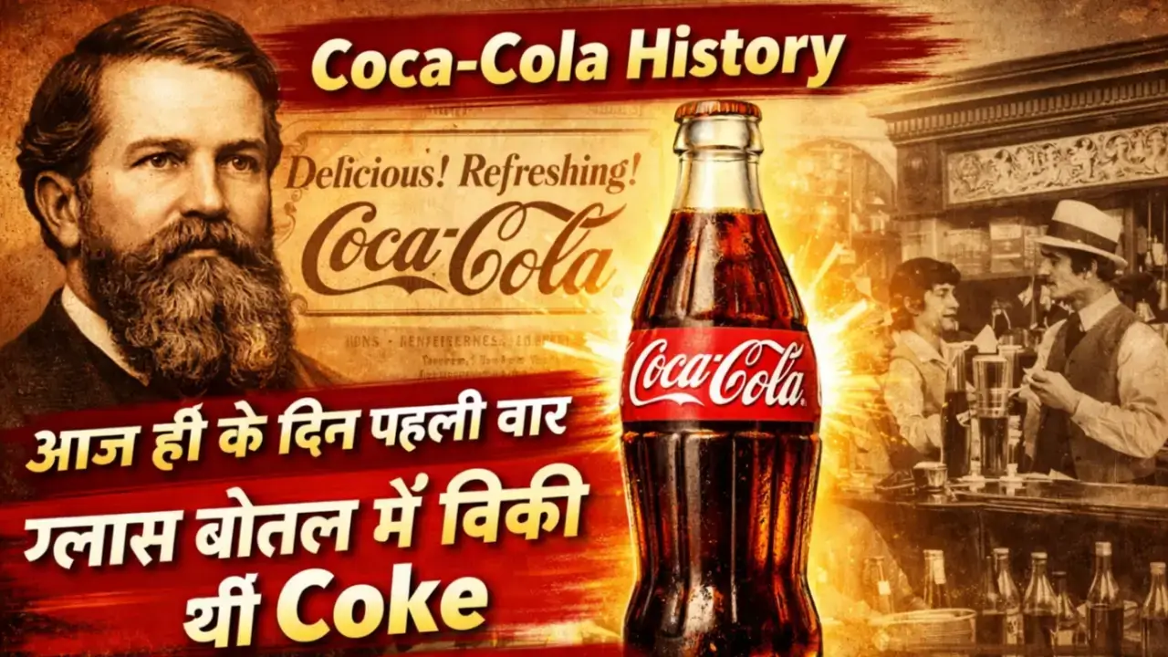 “Coca-Cola history illustration showing vintage glass bottle and inventor John Stith Pemberton, highlighting the day Coke was first sold in a glass bottle.
