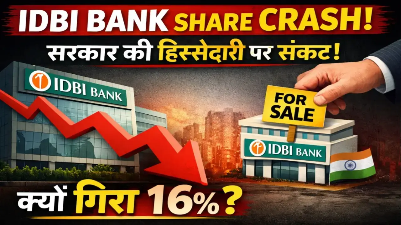 IDBI Bank building with red downward arrow indicating 16% share price drop due to stake sale issue