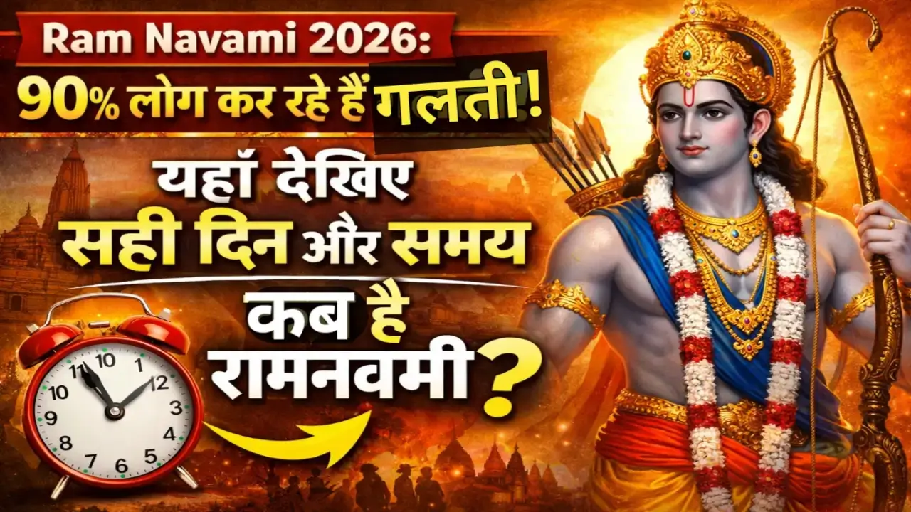 Ram Navami 2026 celebration image showing Lord Ram with correct date 26 March and Madhyahna Muhurat timing, highlighting confusion about Ram Navami date in Hindi
