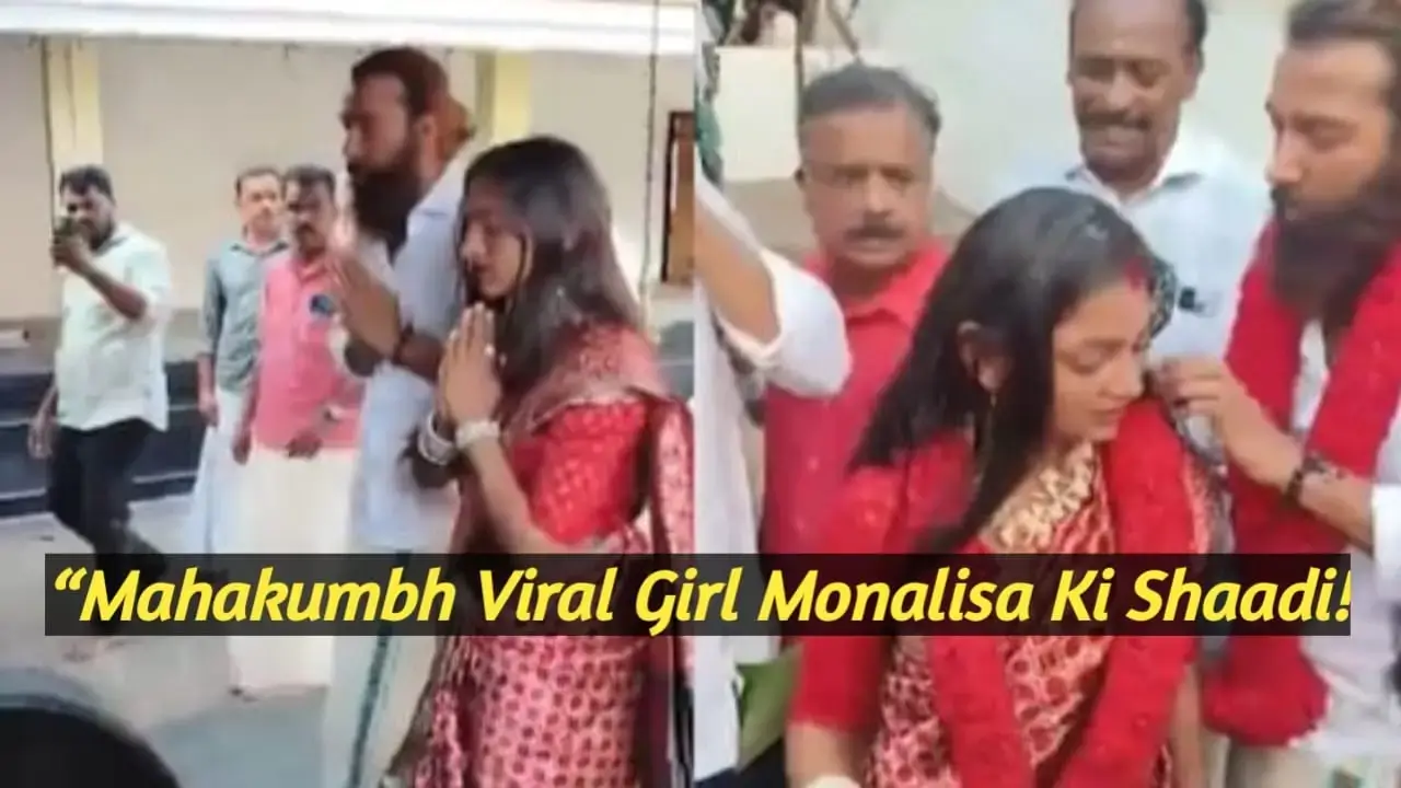 "Mahakumbh viral girl Monalisa with boyfriend Farhan Khan during their wedding ceremony, celebrating their marriage in traditional attire."